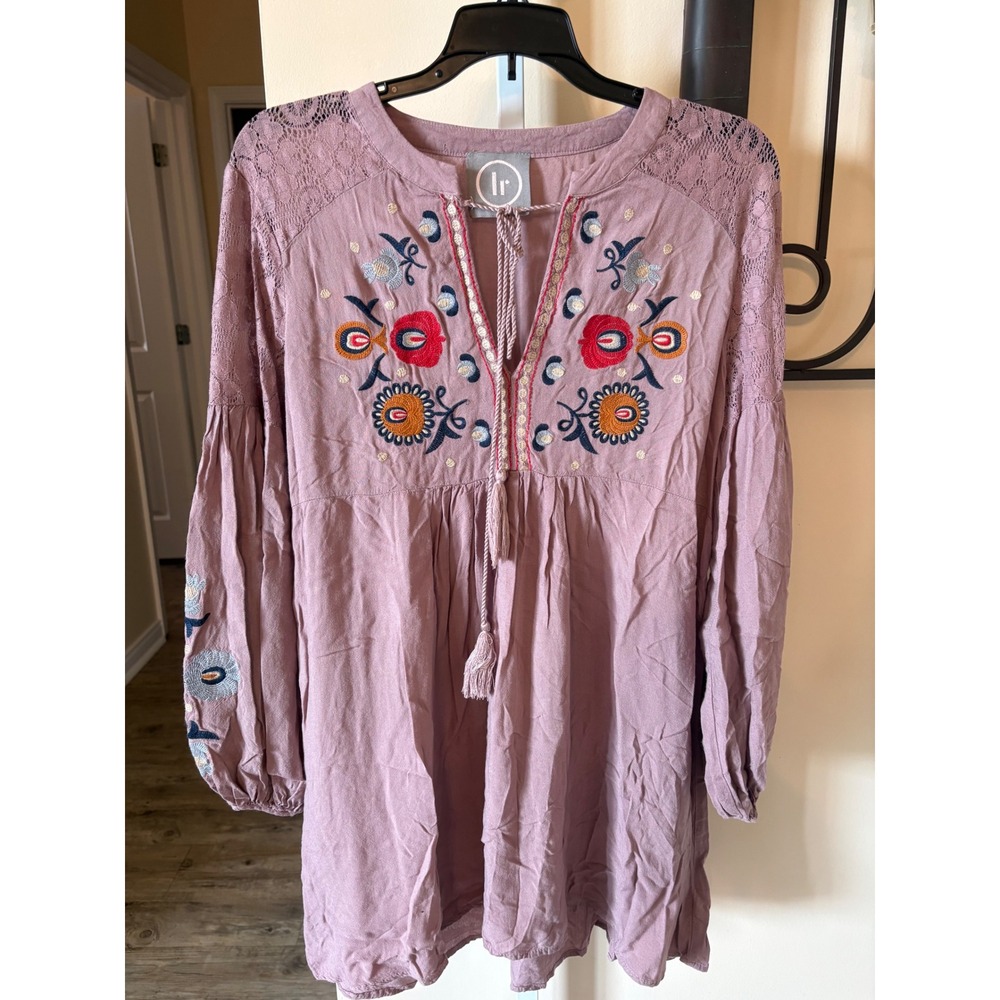 LR Embroidered Lace Trim Peasant Tunic Top Mauve Boho Floral Long Sleeve Medium